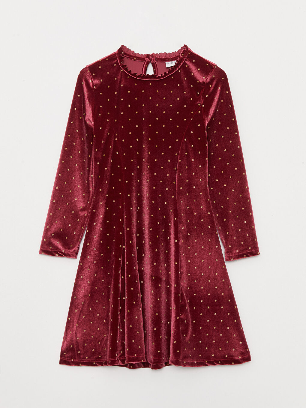 Bordo Bisiklet Yaka Puantiyeli Uzun Kollu Kadife Kız Çocuk Elbise