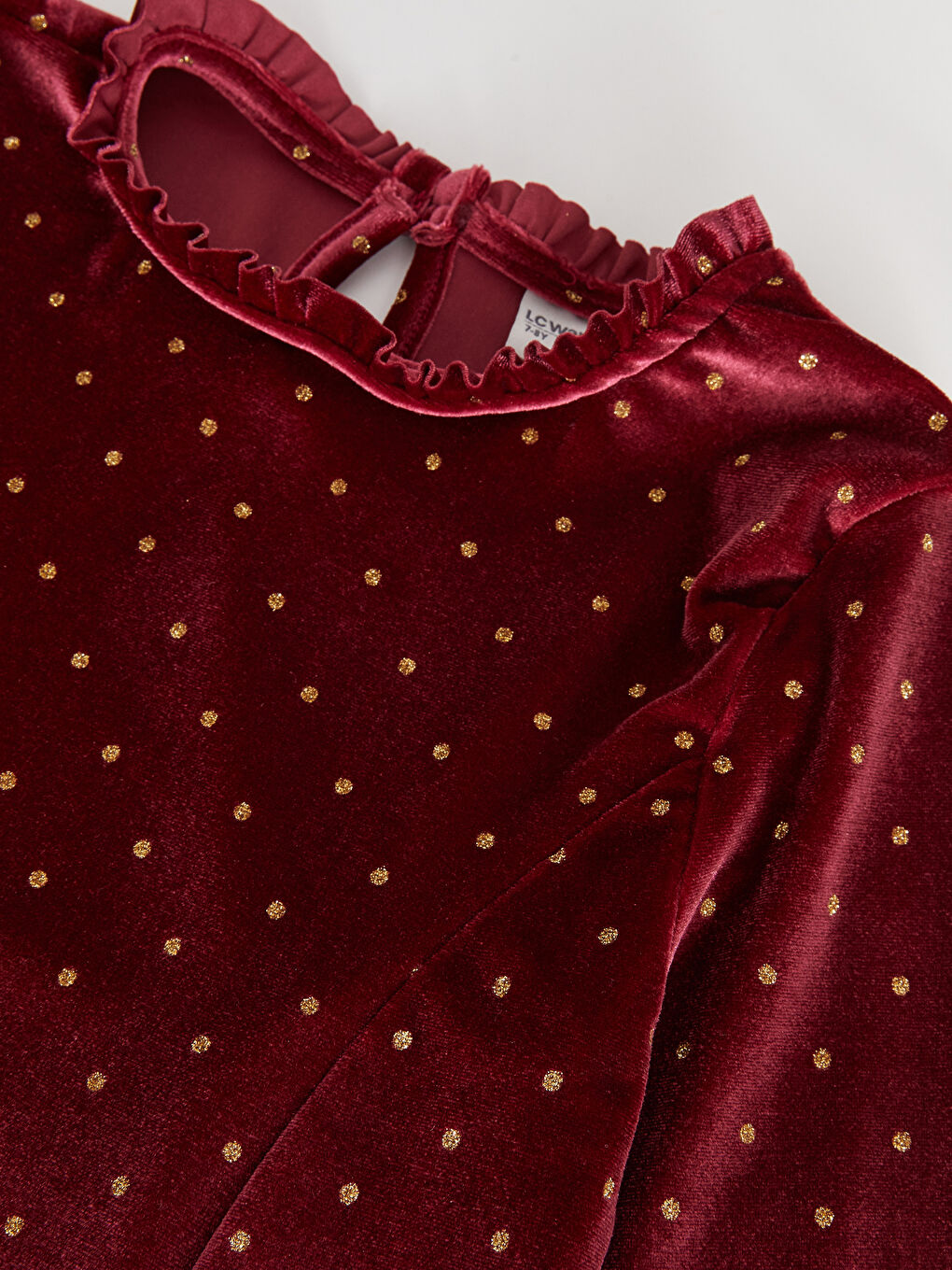 Bordo Bisiklet Yaka Puantiyeli Uzun Kollu Kadife Kız Çocuk Elbise-1