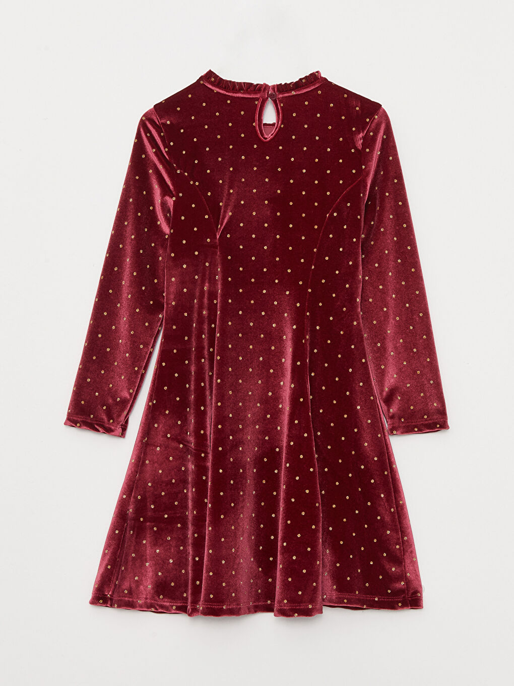 Bordo Bisiklet Yaka Puantiyeli Uzun Kollu Kadife Kız Çocuk Elbise-2