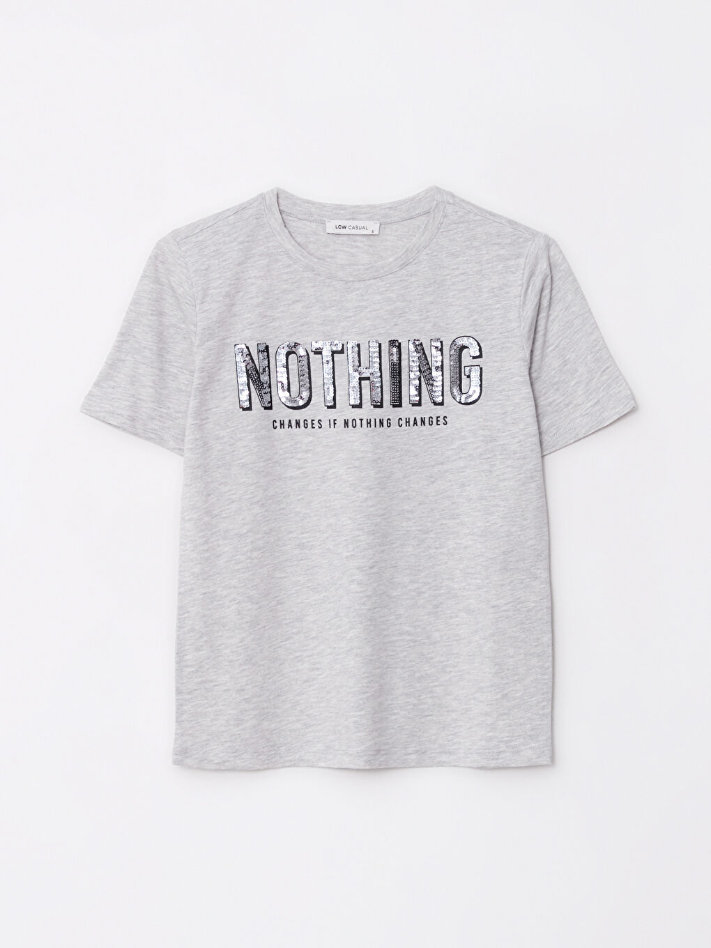 Gri Bisiklet Yaka Baskılı Kısa Kollu Kadın Tişört-5