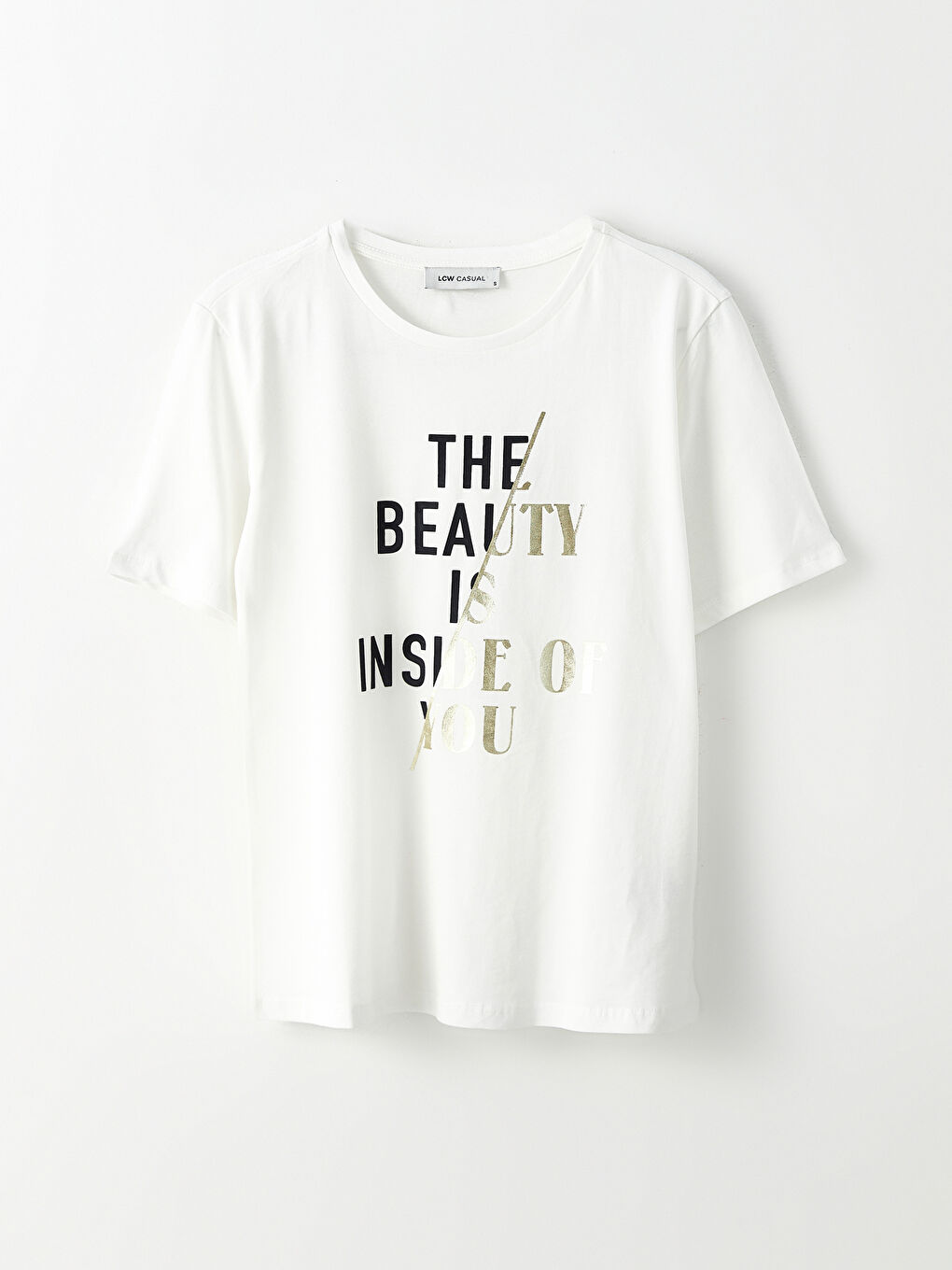 Ekru Bisiklet Yaka Baskılı Kısa Kollu Pamuklu Kadın Tişört-5