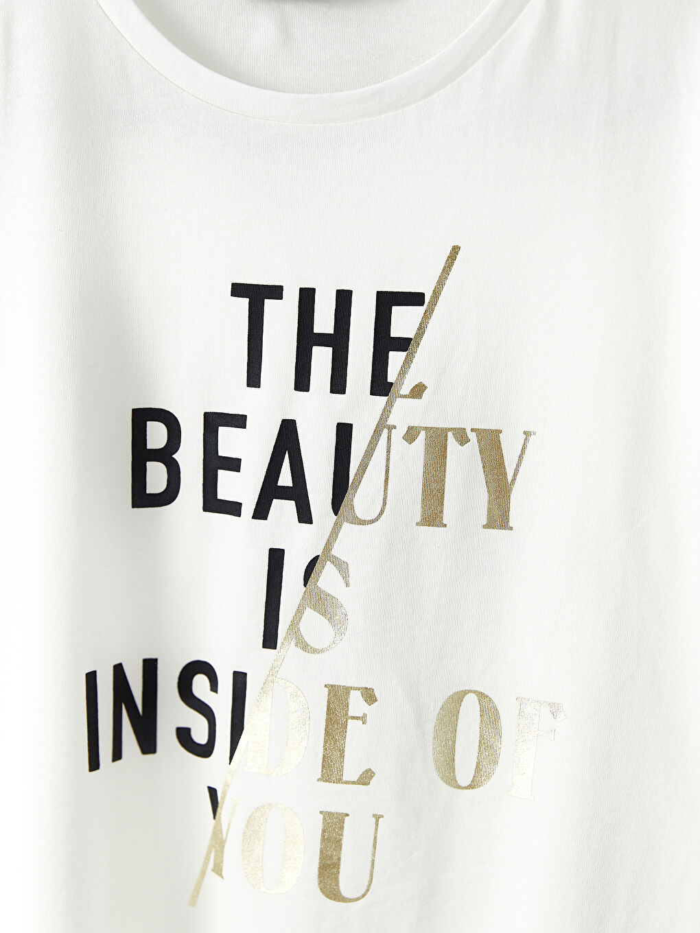 Ekru Bisiklet Yaka Baskılı Kısa Kollu Pamuklu Kadın Tişört-6