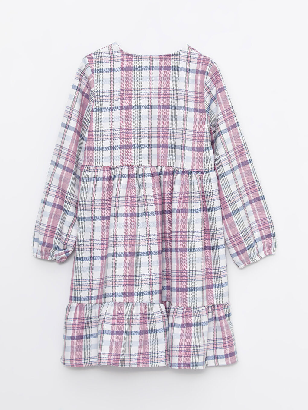 Pembe Bisiklet Yaka Ekose Uzun Kollu Kız Çocuk Elbise-1