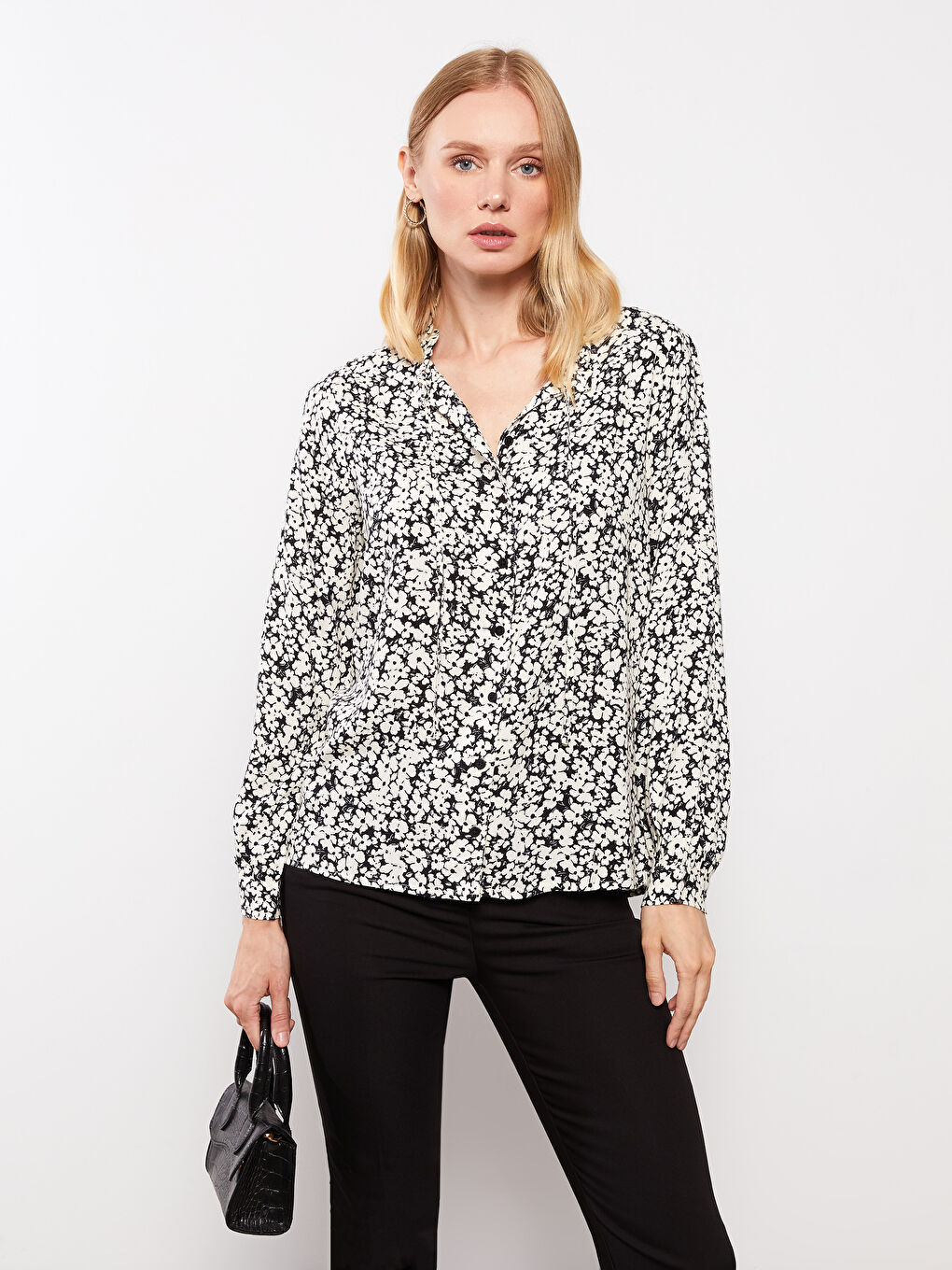 Tied Collar Patterned Long Sleeve Viscose Women's Shirt