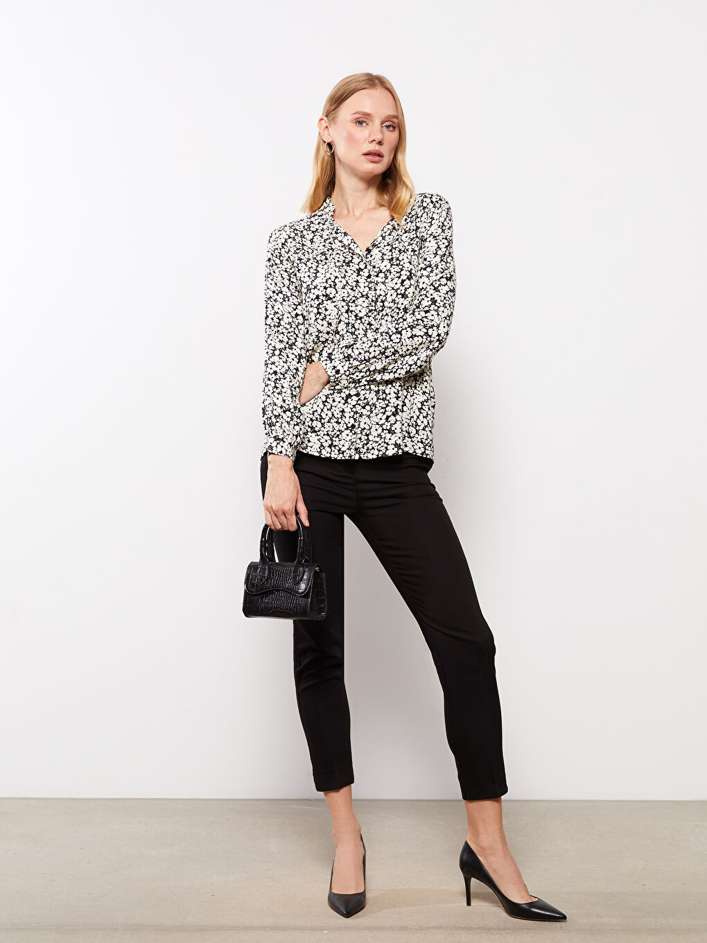 Tied Collar Patterned Long Sleeve Viscose Women's Shirt-2