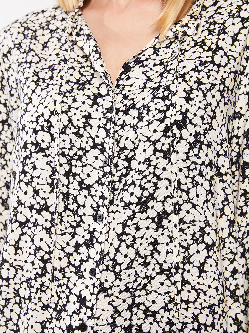 Tied Collar Patterned Long Sleeve Viscose Women's Shirt-3
