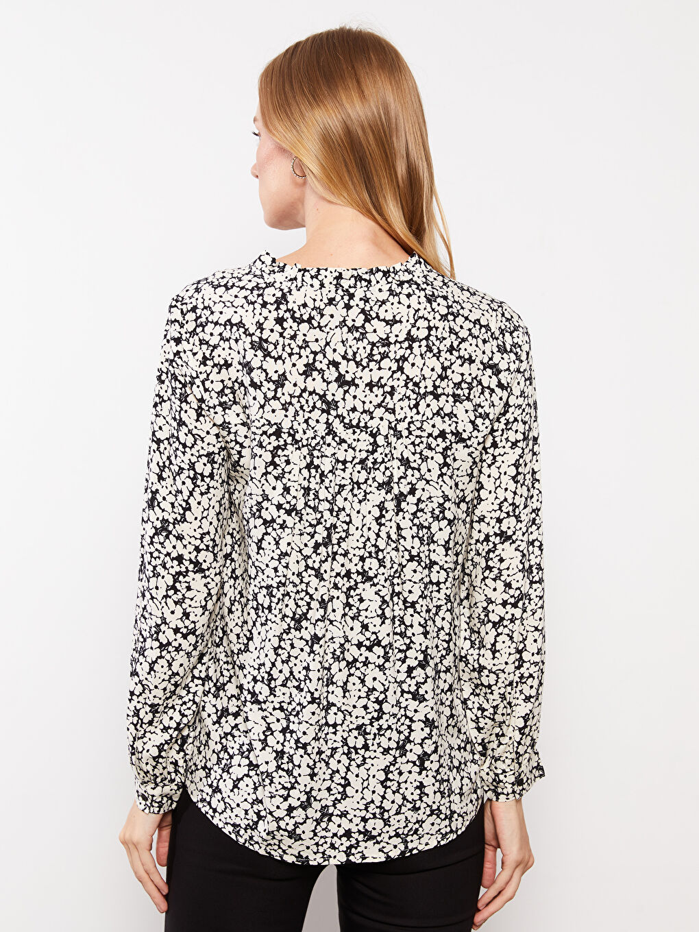 Tied Collar Patterned Long Sleeve Viscose Women's Shirt-4