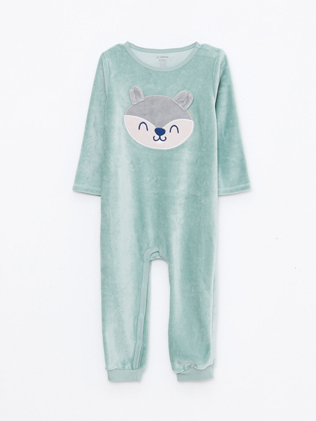 Yeşil Bisiklet Yaka Uzun Kollu Nakış Detaylı Erkek Bebek Kadife Tulum