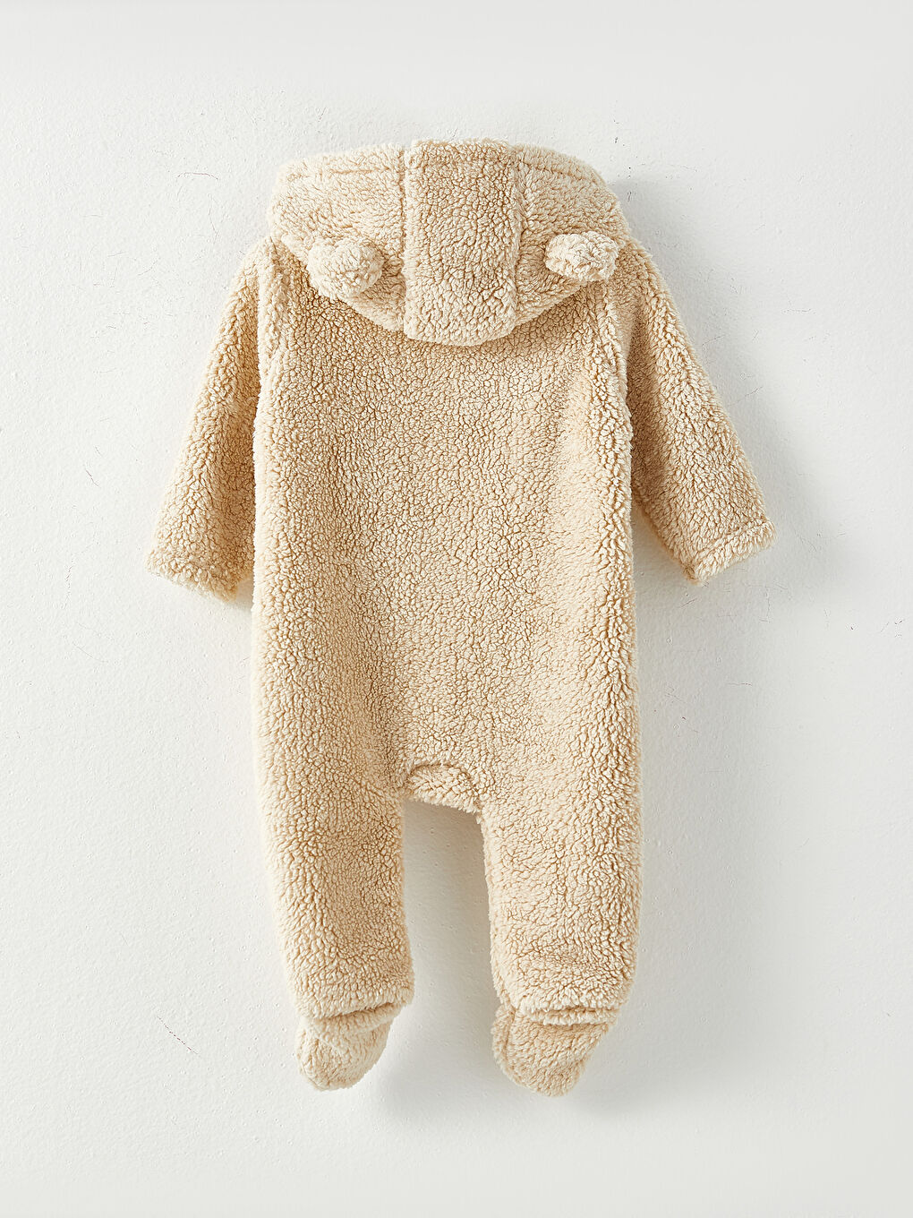Bej Kapüşonlu Uzun Kollu Kız Bebek Pelüş Tulum-1