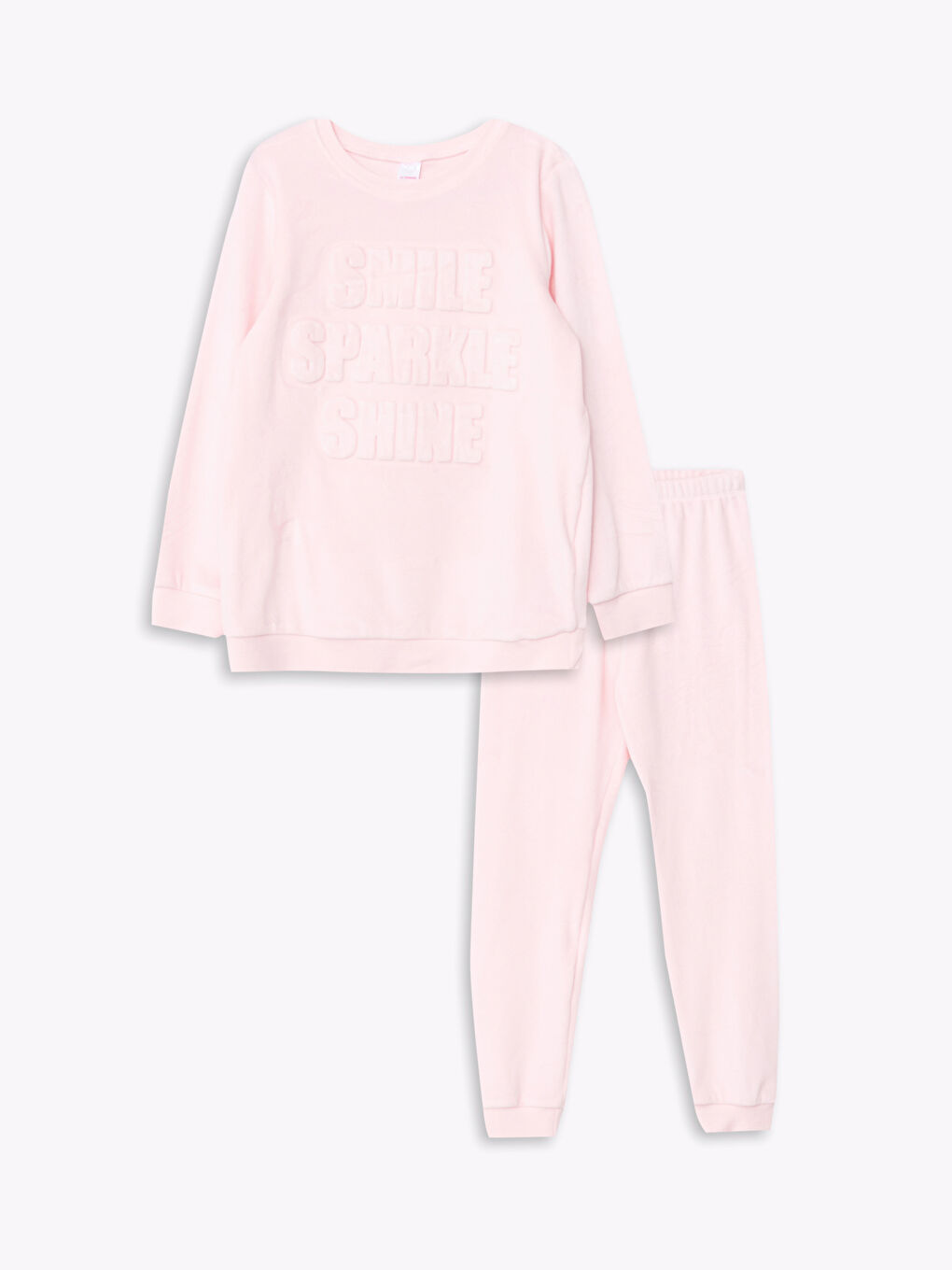 LCW Kids Bisiklet Yaka Kabartma Yazı Desenli Uzun Kollu Kadife Kız Çocuk Pijama Takımı -W24381Z4-FW2