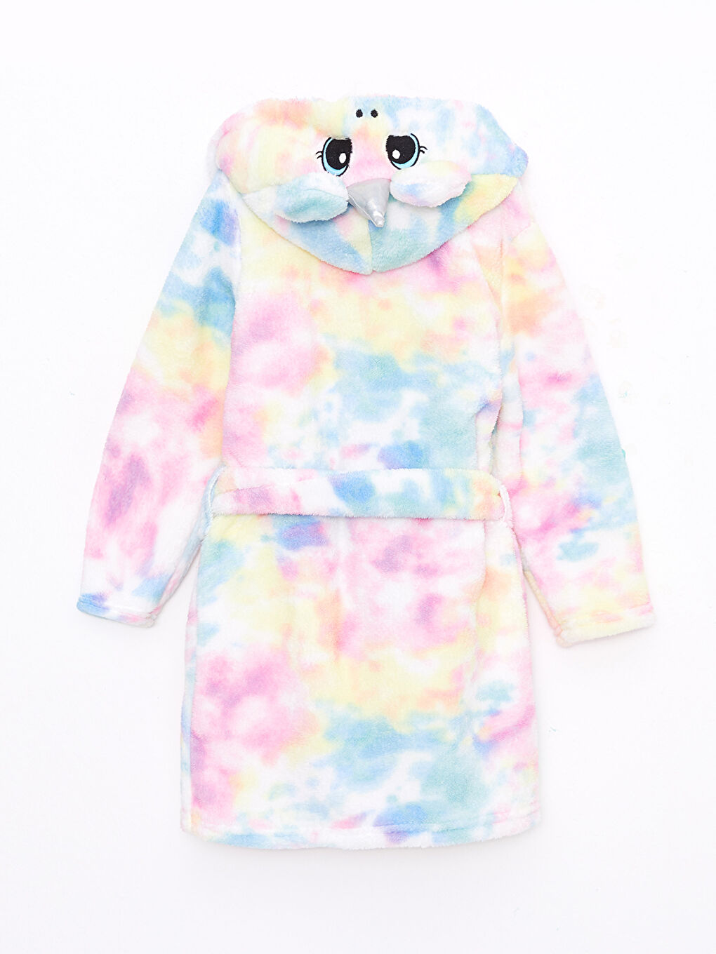 Beyaz Kapüşonlu Nakışlı Uzun Kollu Pelüş Kız Çocuk Sabahlık-1