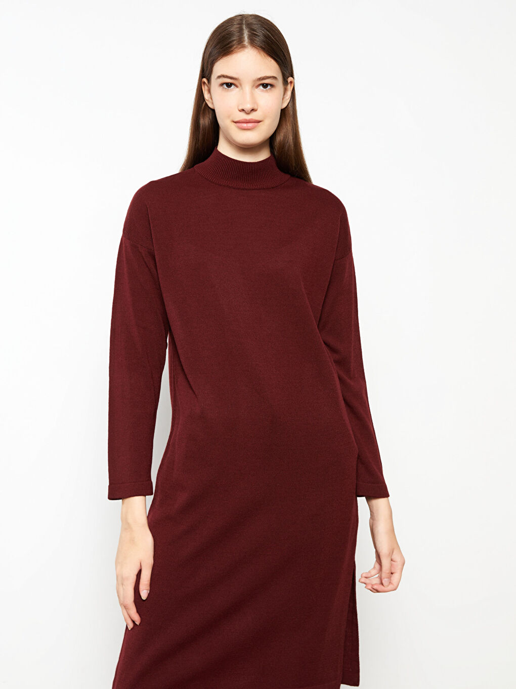 Bordo Dik Yaka Kadın Triko Tunik-2