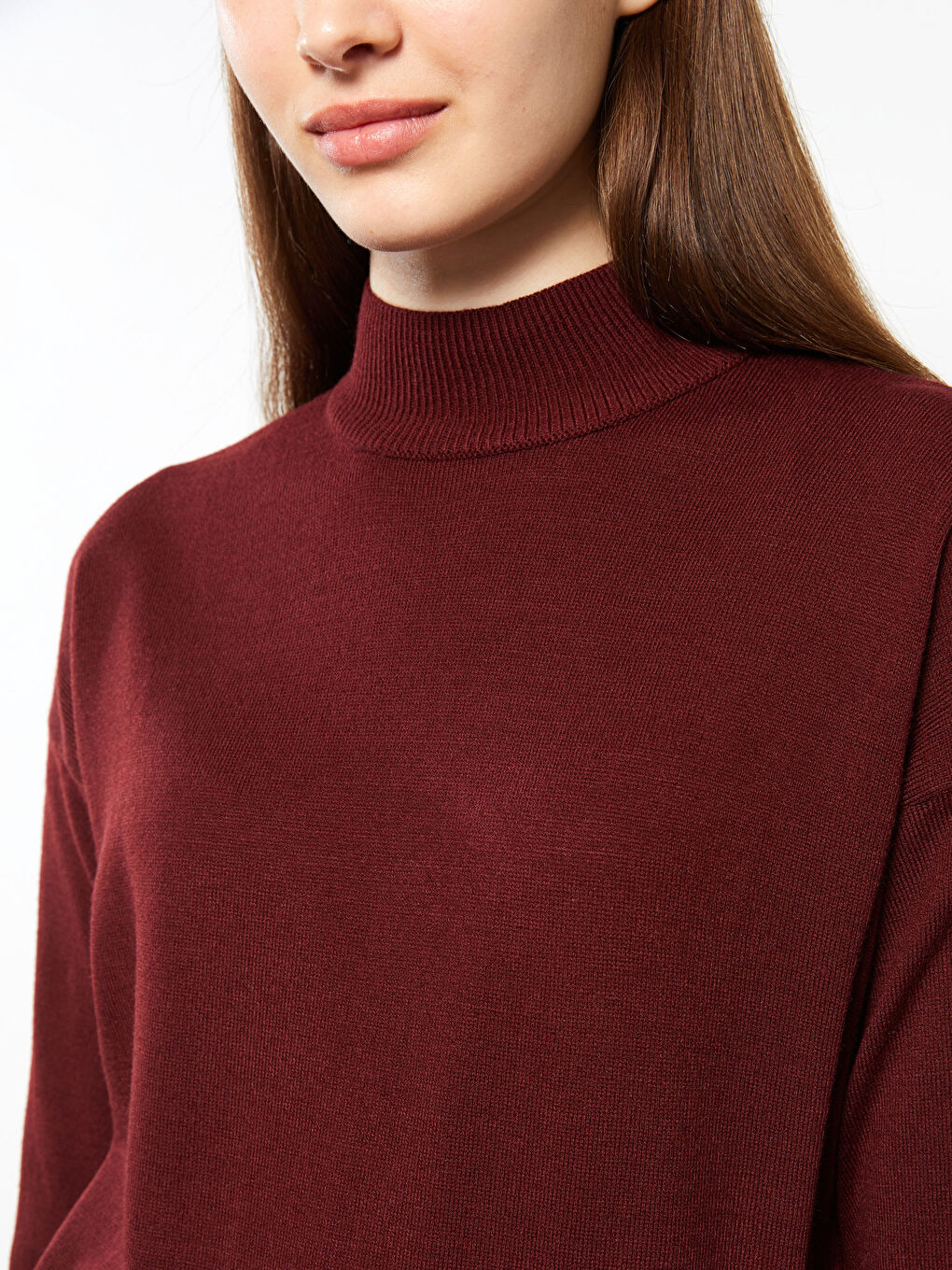 Bordo Dik Yaka Kadın Triko Tunik-3