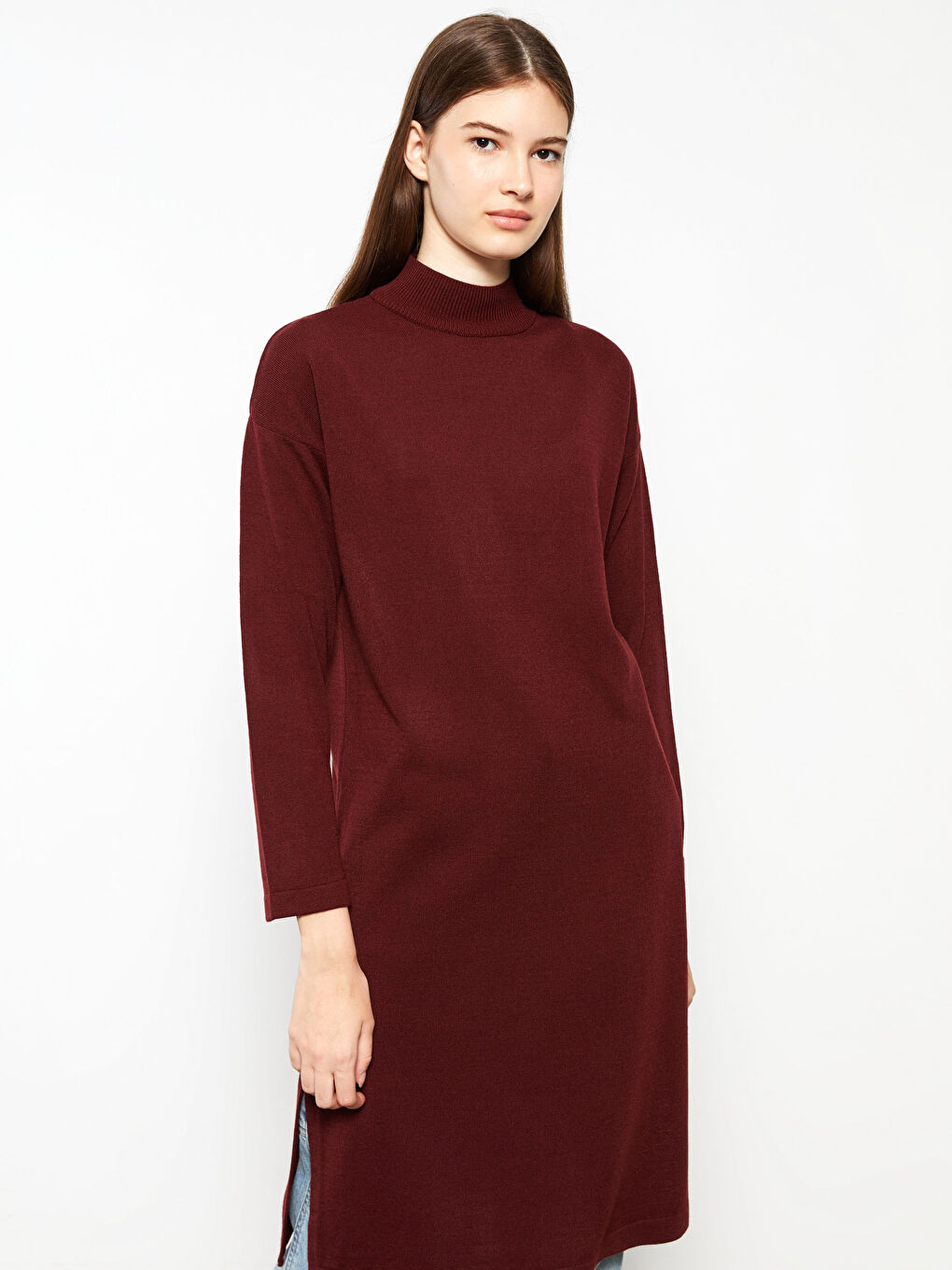 Bordo Dik Yaka Kadın Triko Tunik-1
