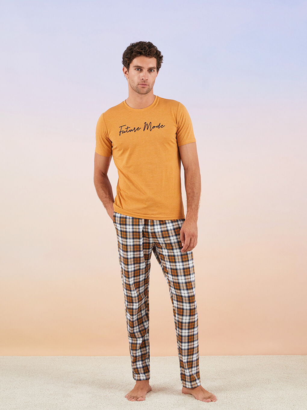 Sarı Standart Kalıp Ekose Erkek Pijama Takımı