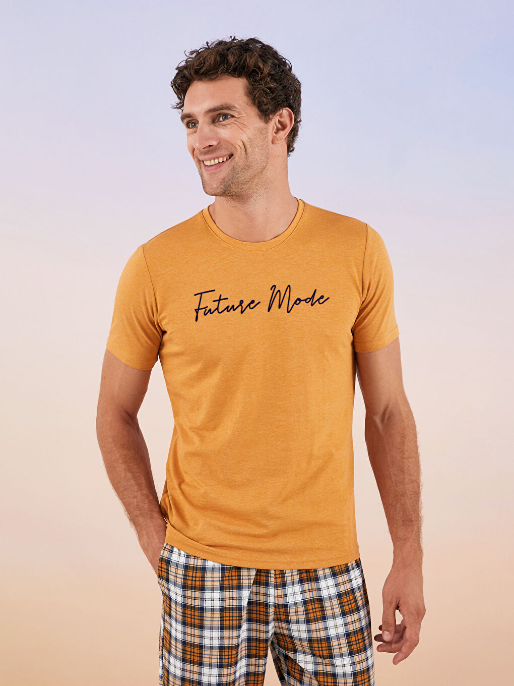 Sarı Standart Kalıp Ekose Erkek Pijama Takımı-1