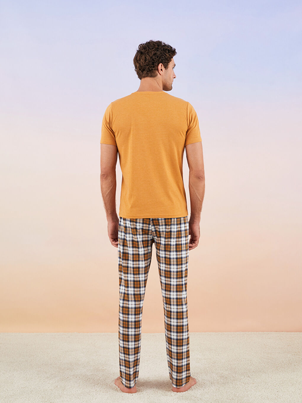 Sarı Standart Kalıp Ekose Erkek Pijama Takımı-3