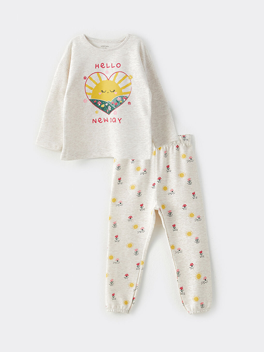 Ekru Bisiklet Yaka Uzun Kollu Baskılı Pamuklu Kız Bebek Pijama Takım