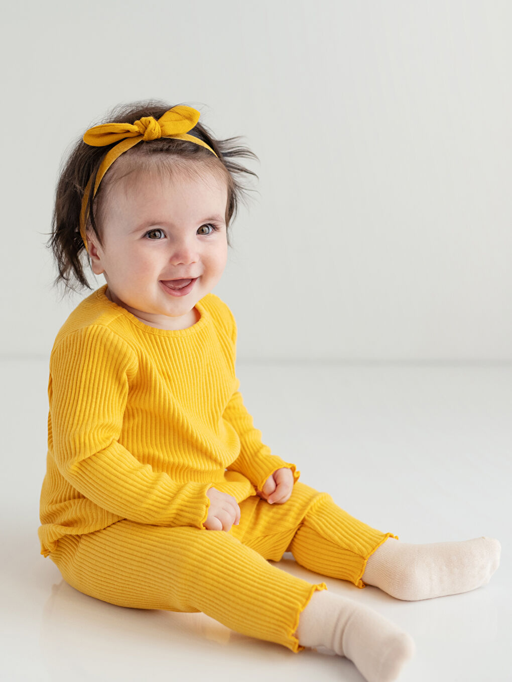 Sarı Bisiklet Yaka Uzun Kollu Basic Kız Bebek Pijama Takımı-1