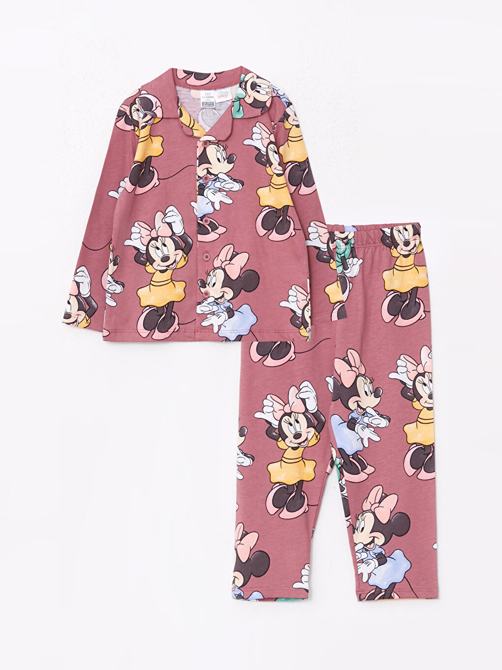 LCW baby Pembe Polo Yaka Uzun Kollu Minnie Mouse Baskılı Kız Bebek Pijama Takım