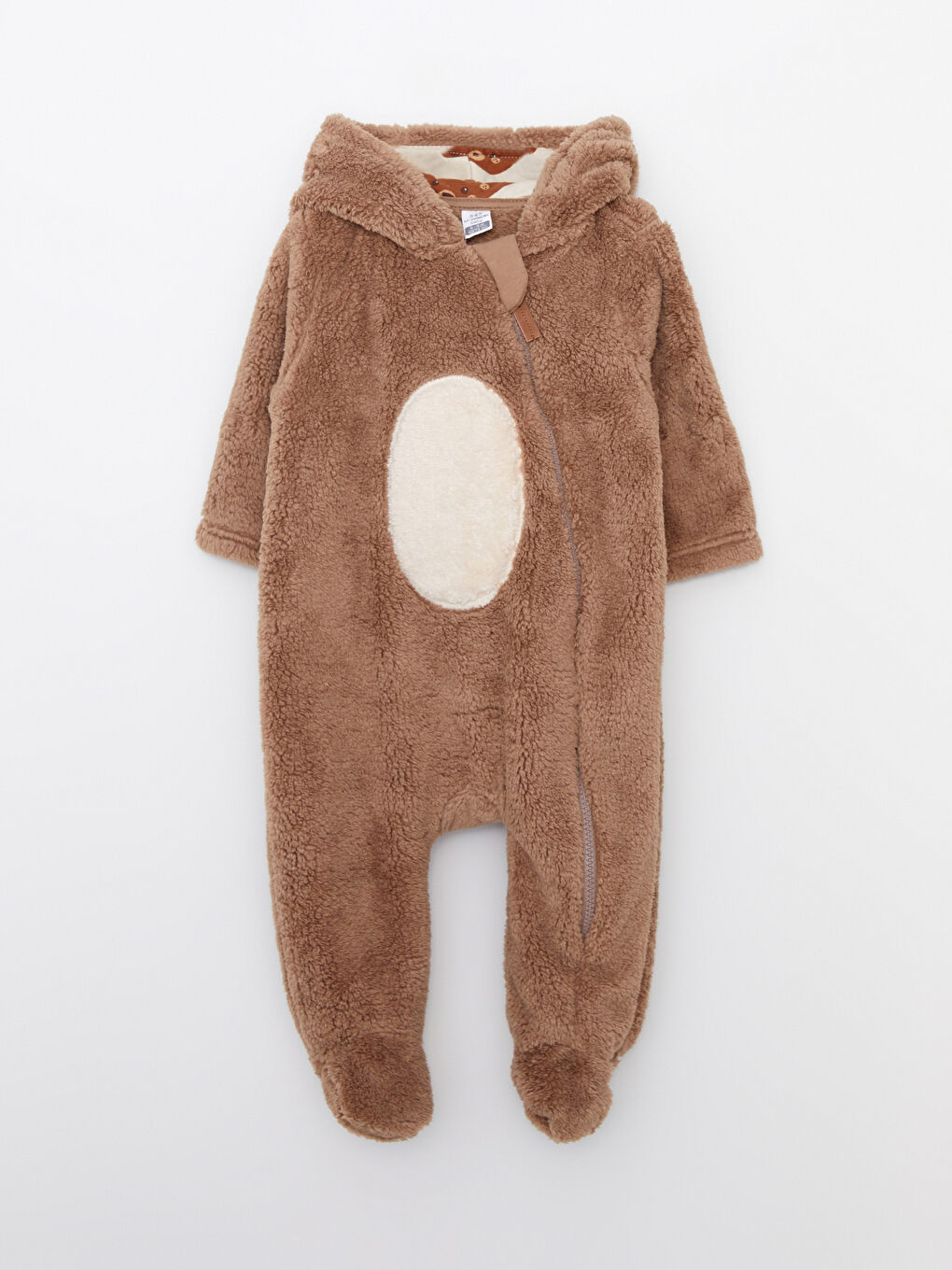 Kahverengi Kapüşonlu Uzun Kollu Pelüş Erkek Bebek Tulum