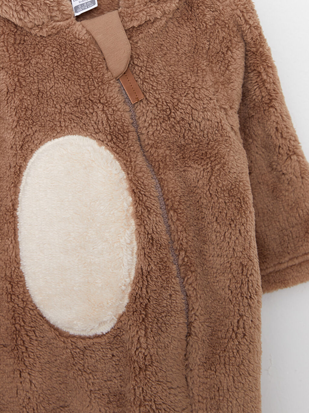 Kahverengi Kapüşonlu Uzun Kollu Pelüş Erkek Bebek Tulum-1