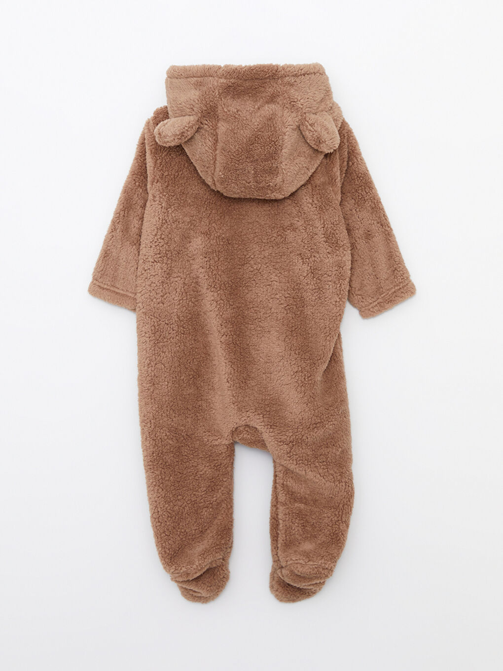 Kahverengi Kapüşonlu Uzun Kollu Pelüş Erkek Bebek Tulum-2