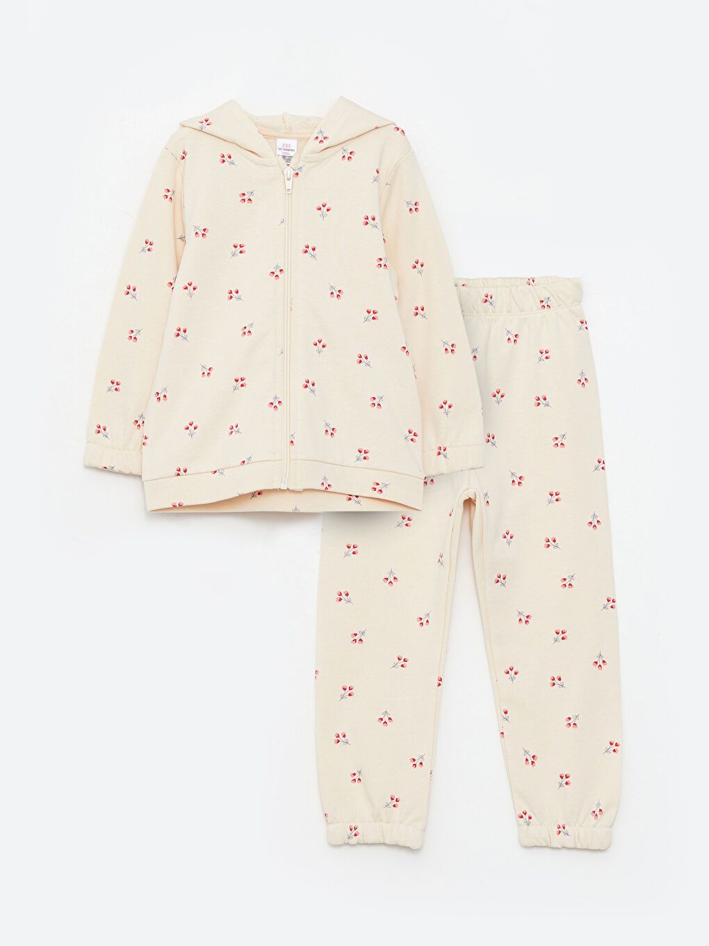 Hooded Long Sleeve Patterned Baby Girl Zippered Cardigan and Trousers 2-Pack Set