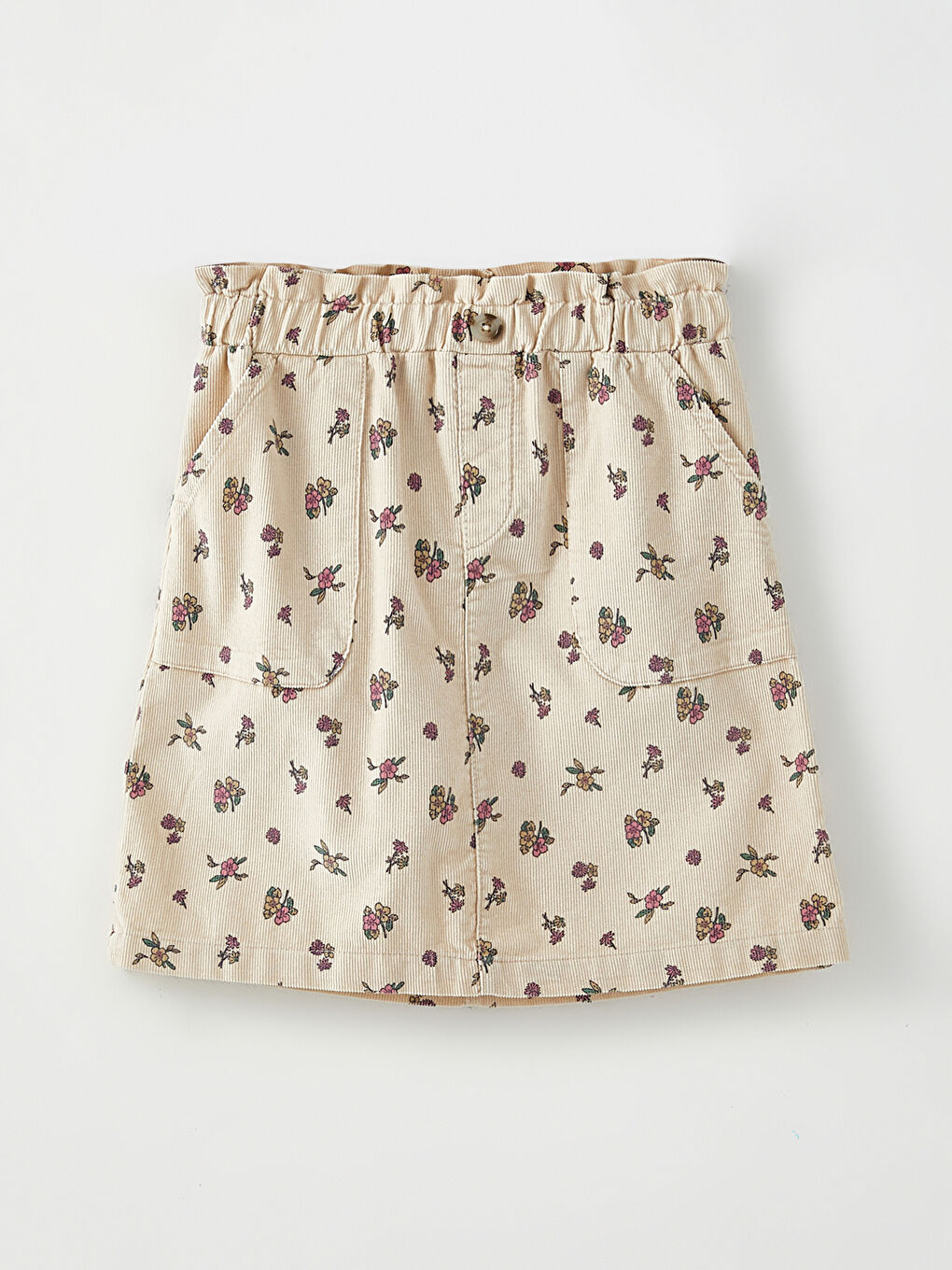 Bej Beli Lastikli Desenli Kadife Kız Çocuk Etek