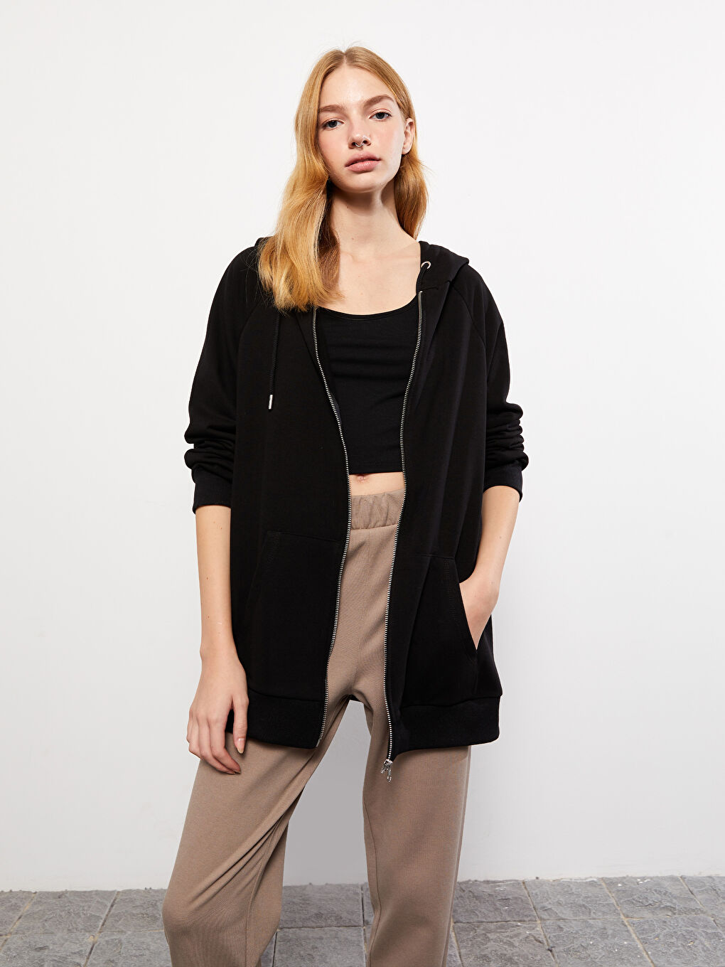 Hooded Plain Long Sleeve Women's Sports Cardigan-1