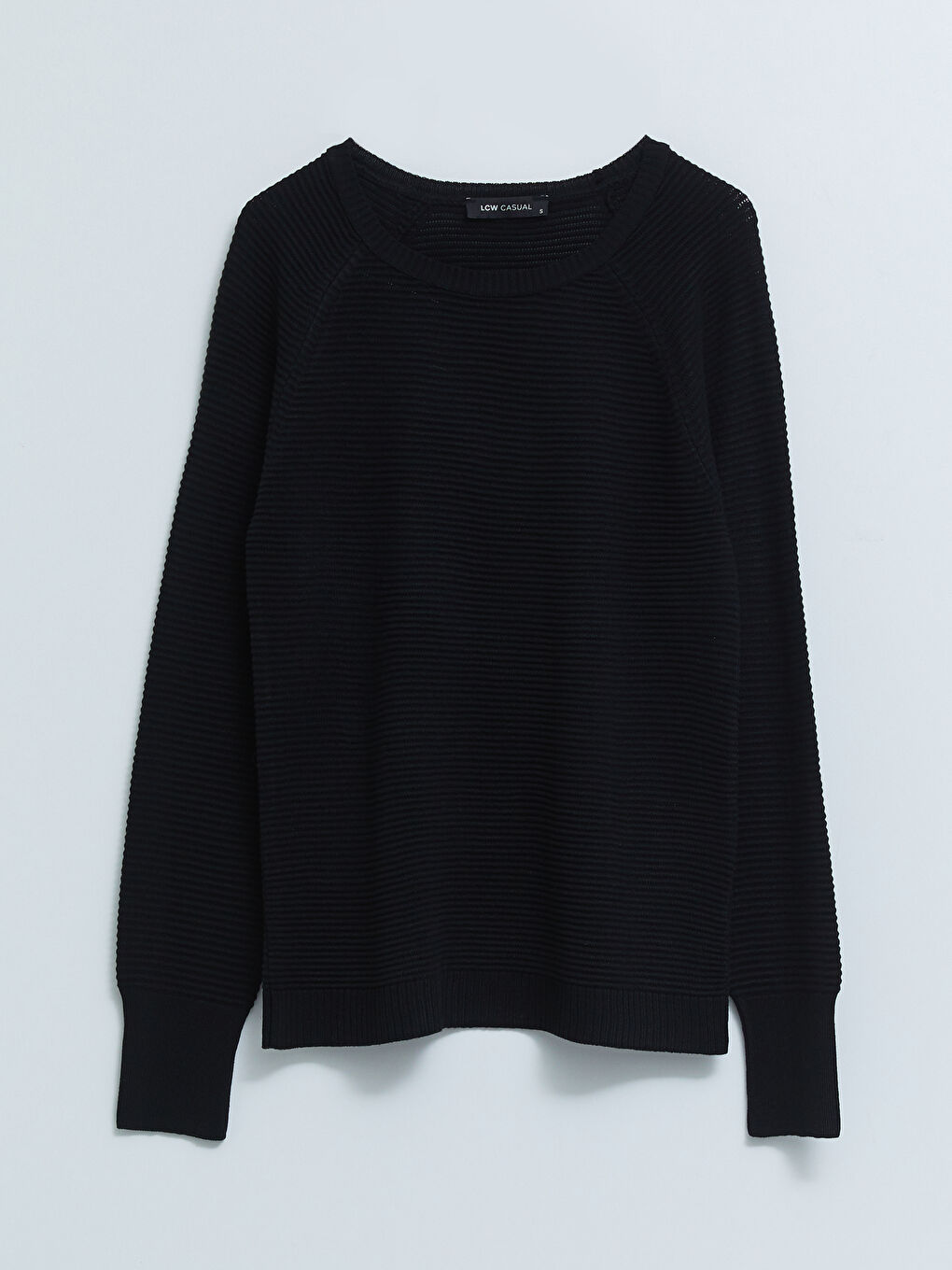 Siyah Bisiklet Yaka Kendinden Desenli Uzun Kollu Kadın Triko Kazak-5