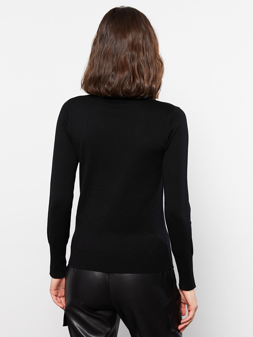 Әйелдерге арналған трикотаж биік жағалы өрнексіз ұзын жең жемпір-3