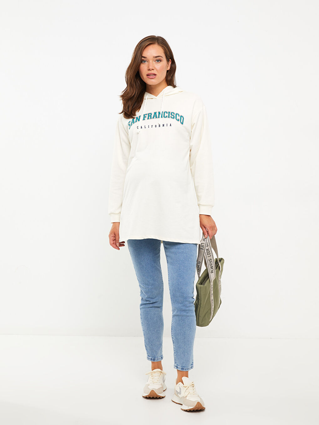 LCWAIKIKI Maternity Krem Kapüşonlu Baskılı Uzun Kollu Hamile Sweatshirt Tunik - 2