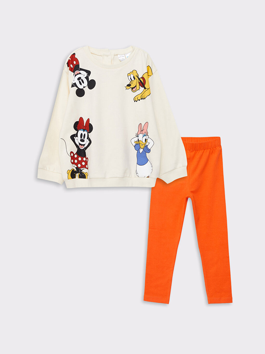 Ekru Bisiklet Yaka Uzun Kollu Minnie ve Arkadaşları Baskılı Kız Bebek Sweatshirt ve Tayt 2'li Takım