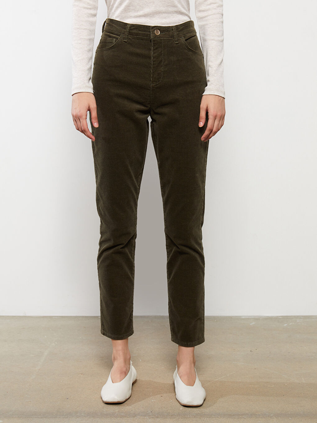 Pantaloni Corduroy Drepți Slim Fit Talie Normală pentru Femei-4