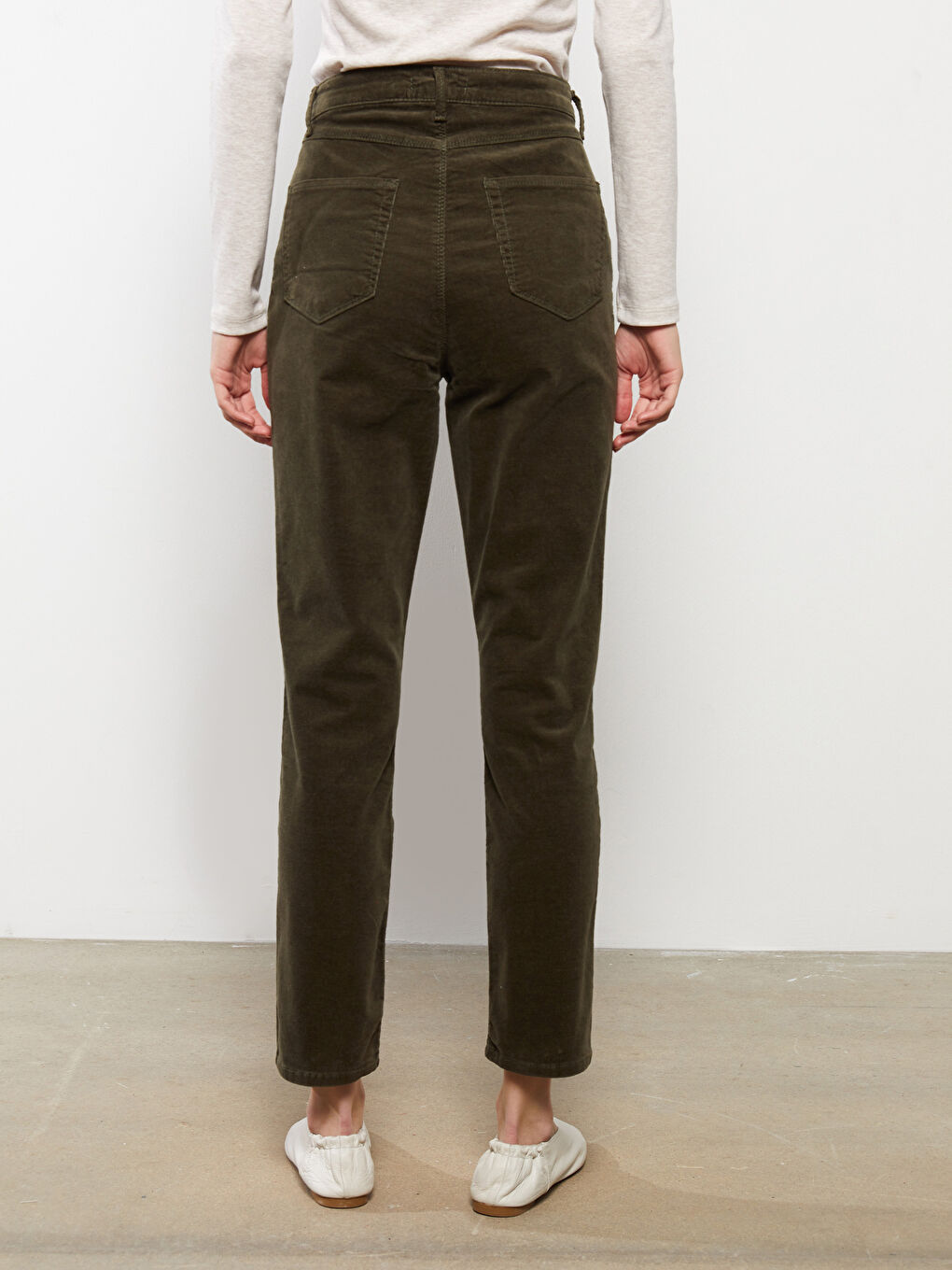 Pantaloni Corduroy Drepți Slim Fit Talie Normală pentru Femei-5