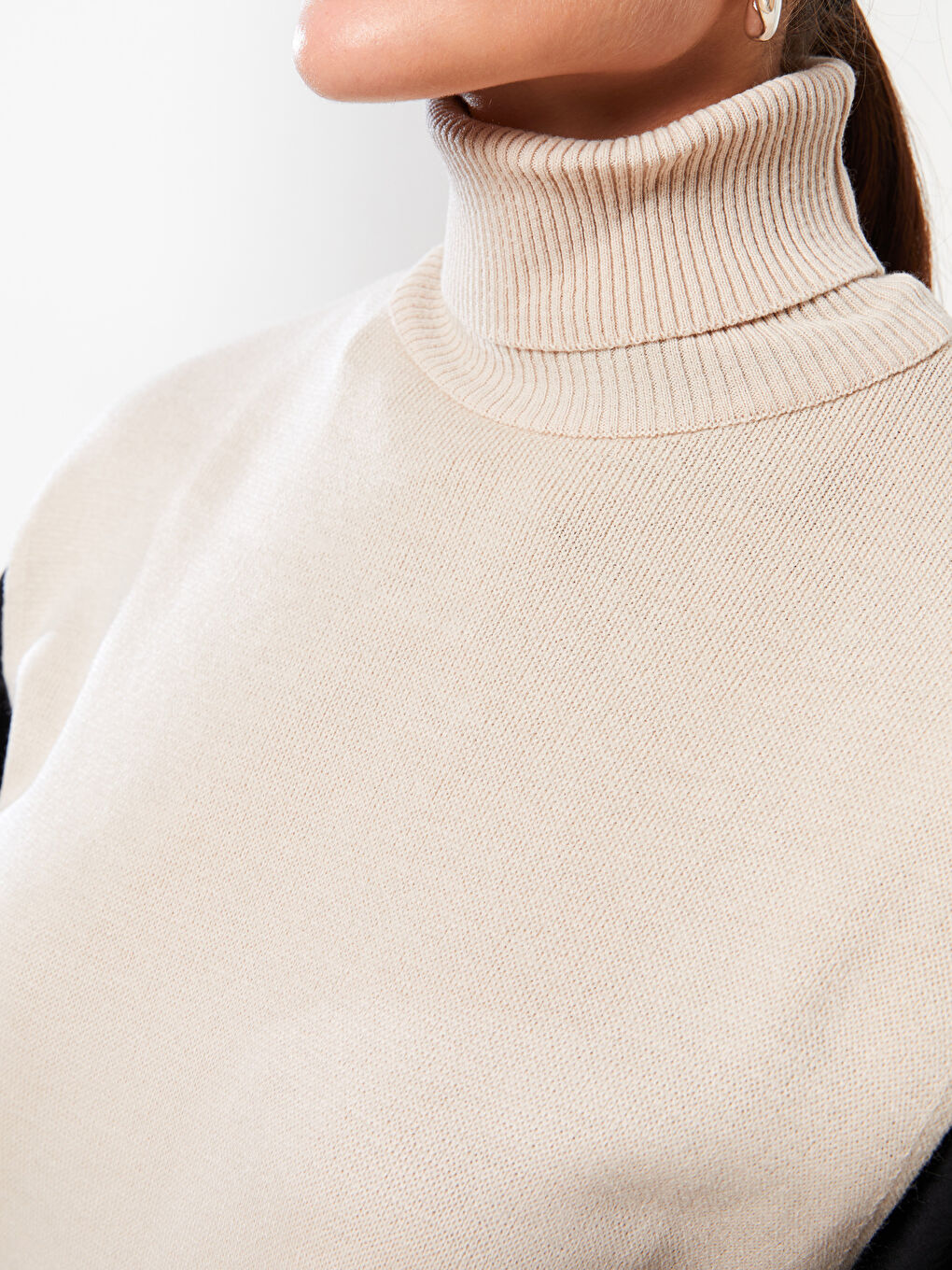 Bej Balıkçı Yaka Düz Triko Kadın Süveter-6