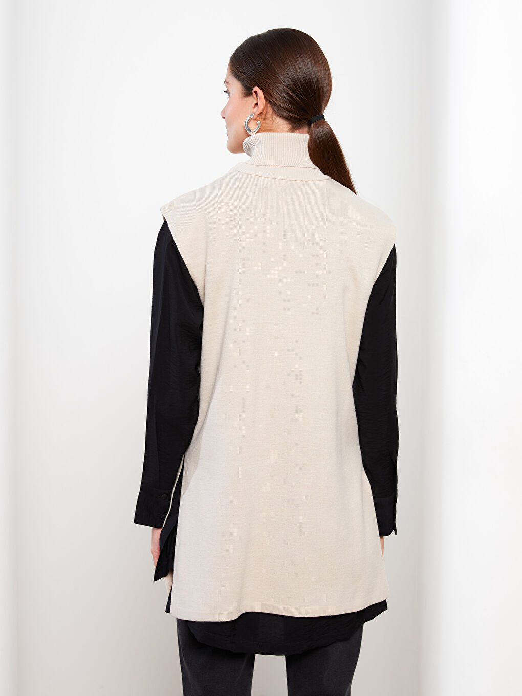 Bej Balıkçı Yaka Düz Triko Kadın Süveter-7