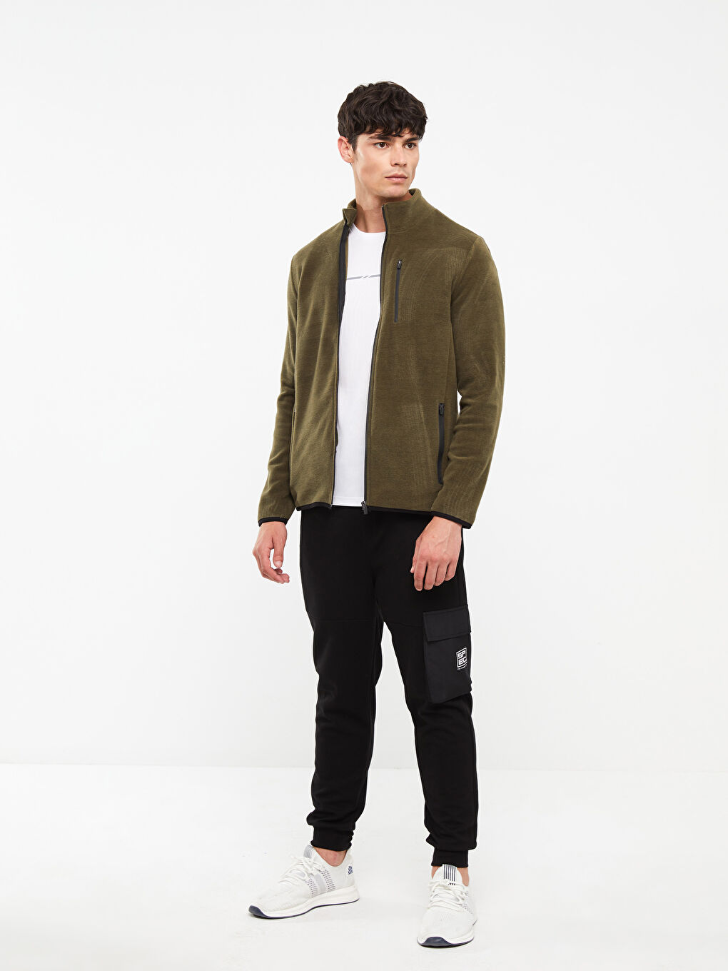 Haki Standart Kalıp Dik Yaka Polar Erkek Spor Hırka-1