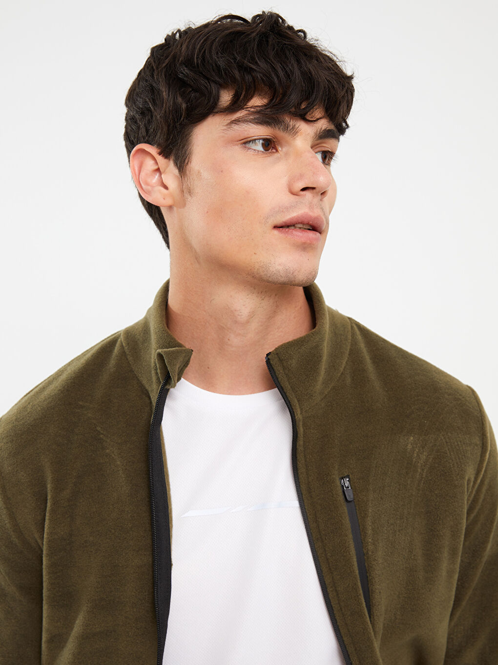 Haki Standart Kalıp Dik Yaka Polar Erkek Spor Hırka-2