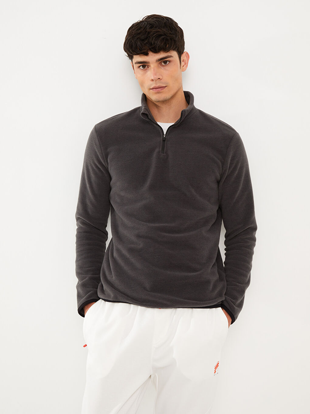 Gri Dik Yaka Uzun Kollu Erkek Polar Sweatshirt