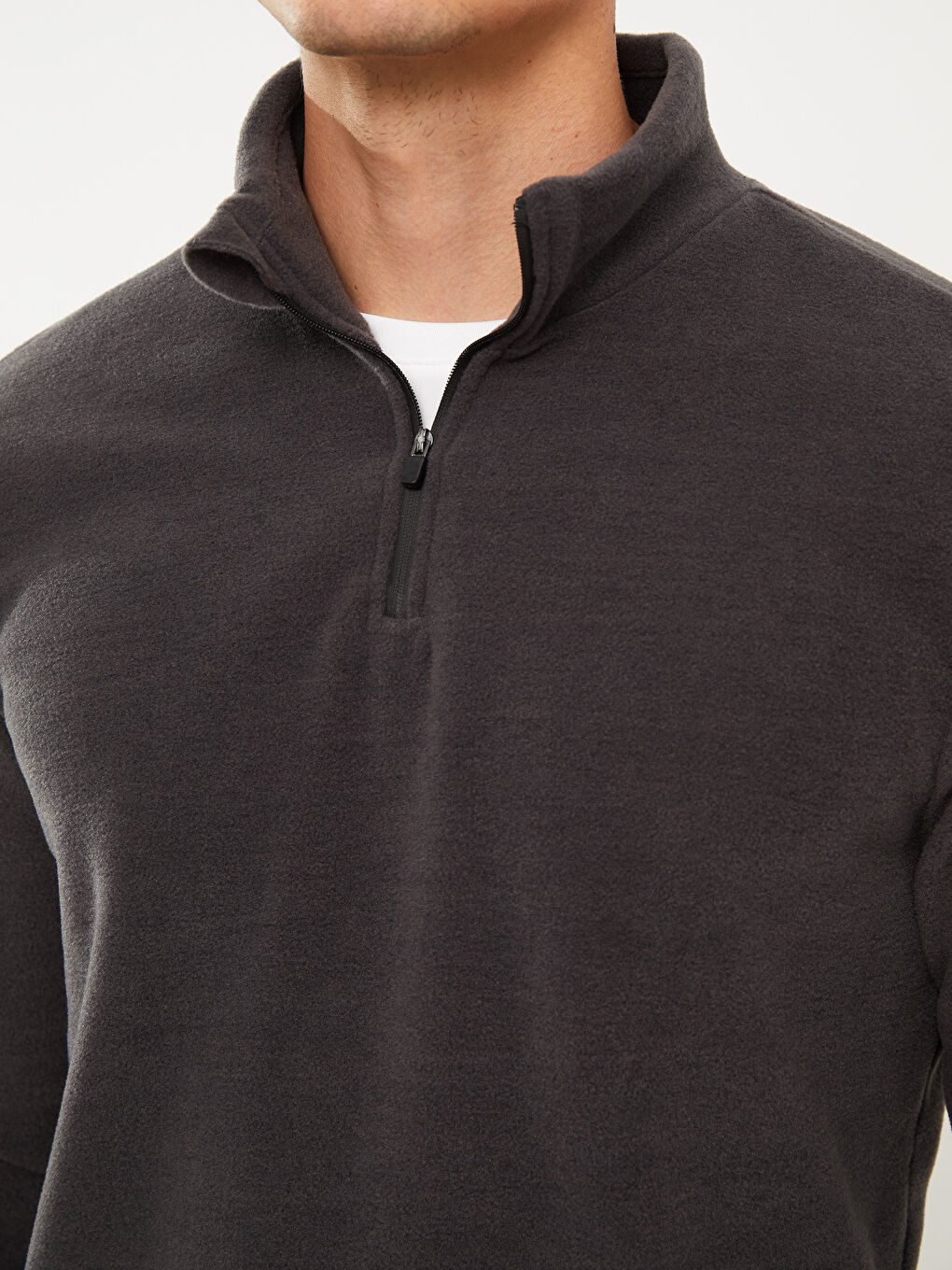 Gri Dik Yaka Uzun Kollu Erkek Polar Sweatshirt-3