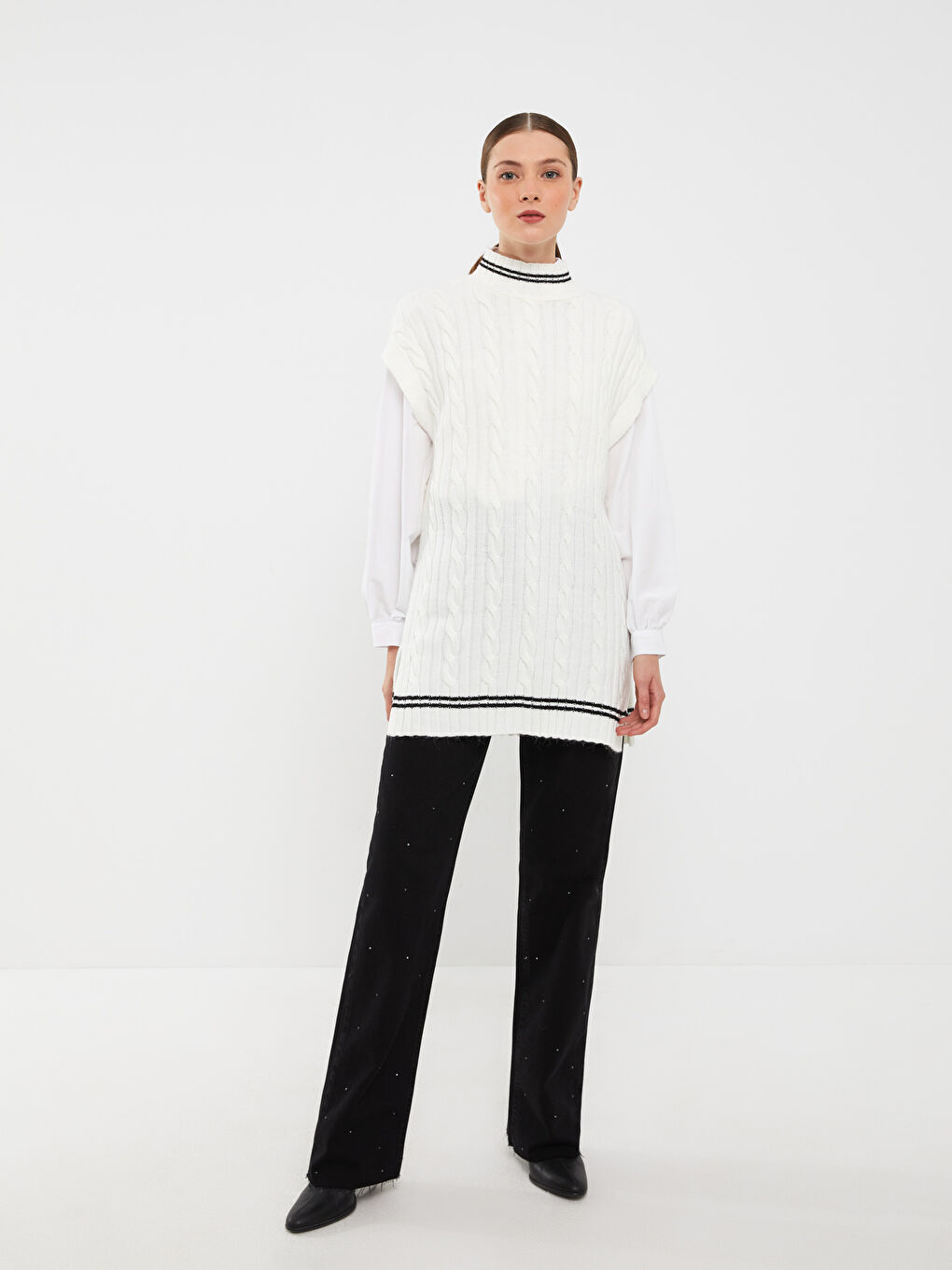 سترة صوفية منقوشة بياقة قمع للسيدات-4