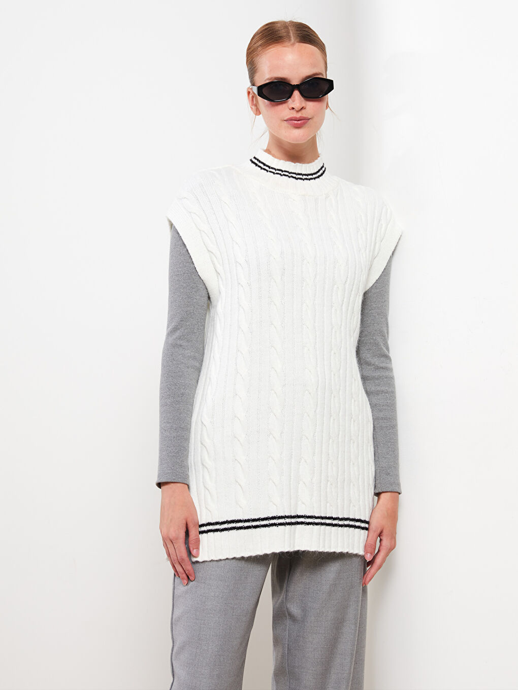 سترة صوفية منقوشة بياقة قمع للسيدات-5