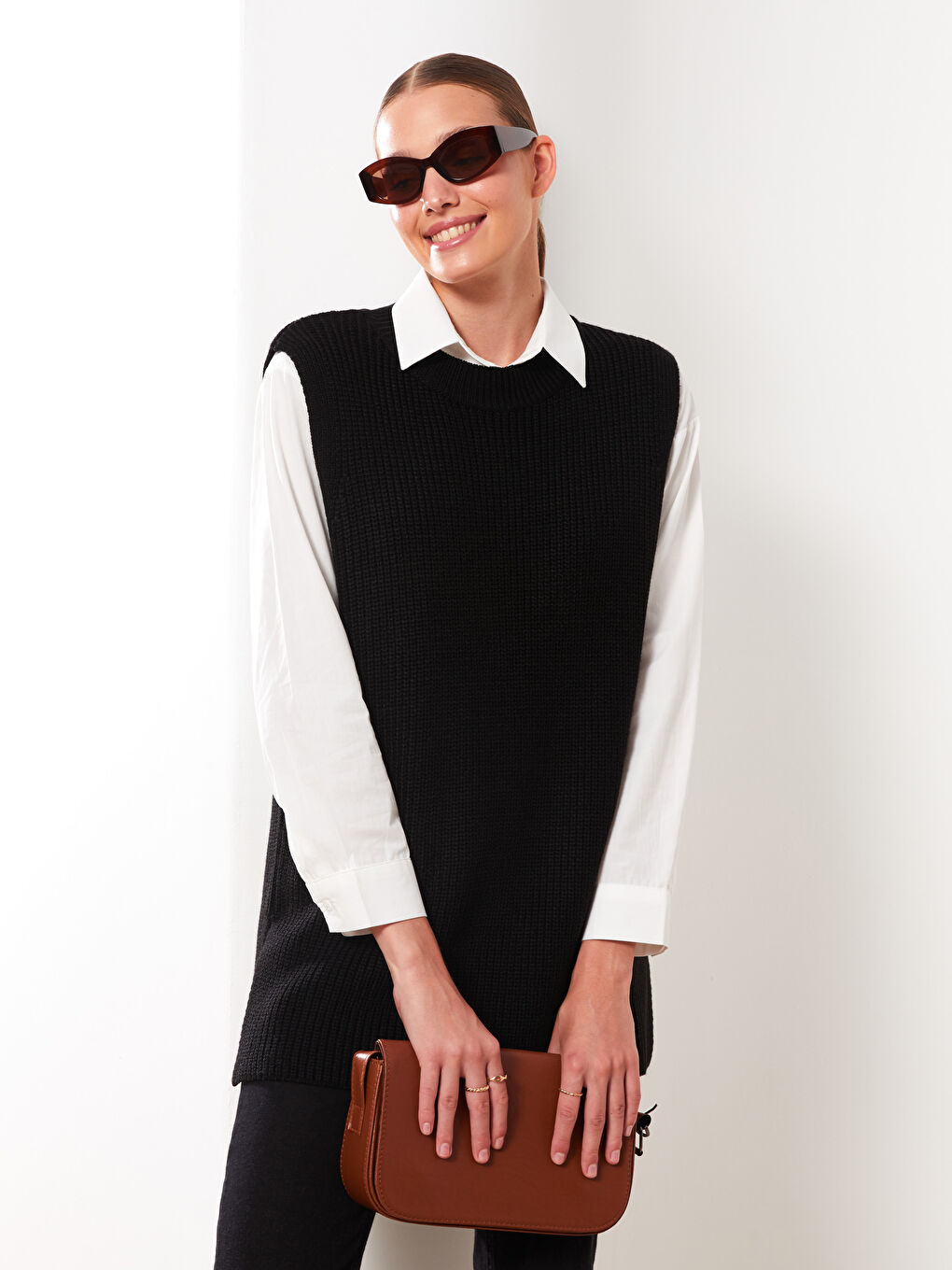 Women's Crew Neck Plain Knitwear Sweater Vest -W24650Z8-RQN