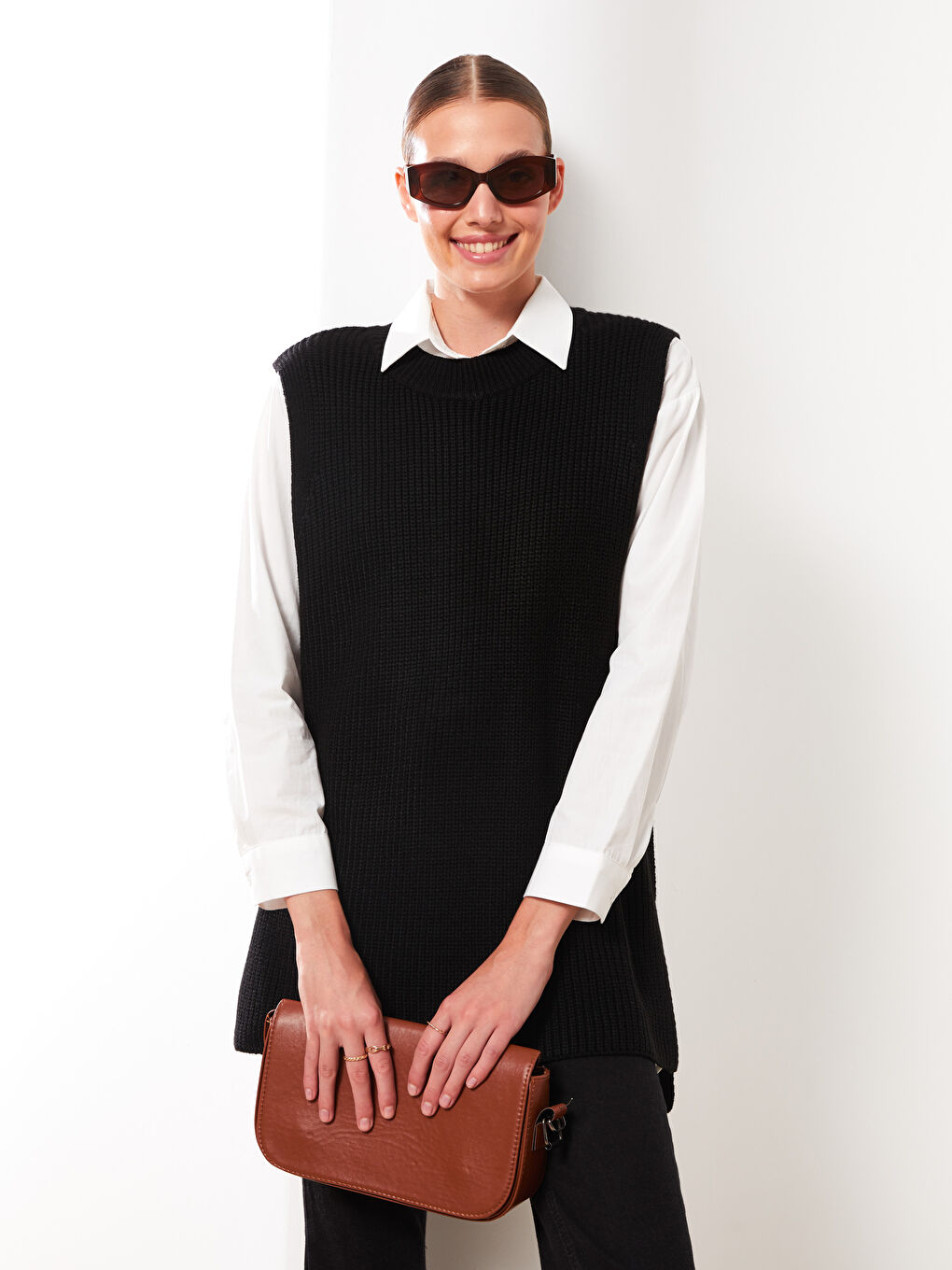 Women's Crew Neck Plain Knitwear Sweater Vest -W24650Z8-RQN