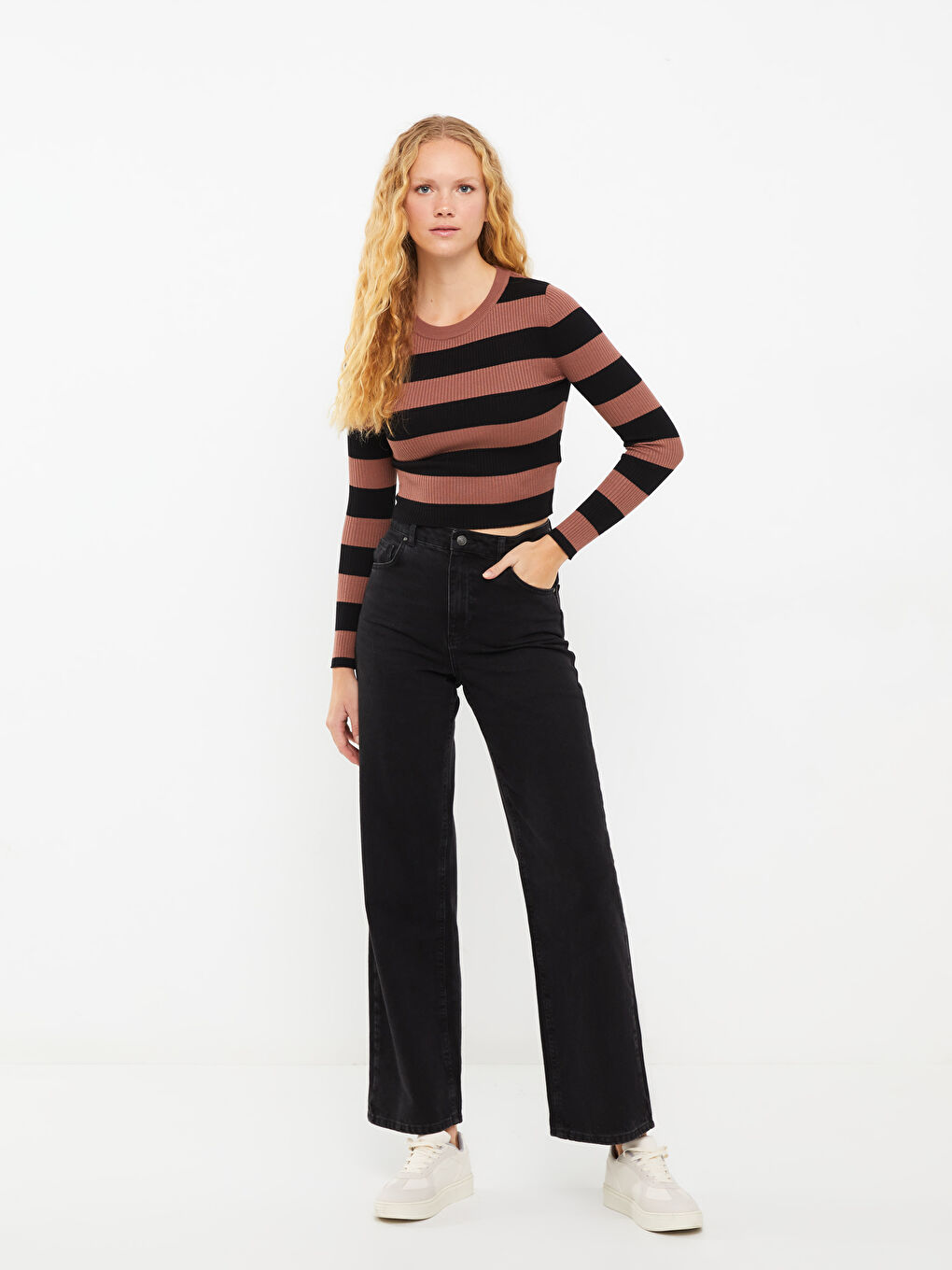 LCW Vision Rundhalsausschnitt Gestreift Langarm Damen Strickpullover -W24651Z8-LEW