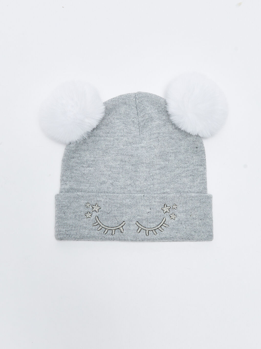 Gri Çift Ponponlu Nakışlı Kız Çocuk Triko Bere