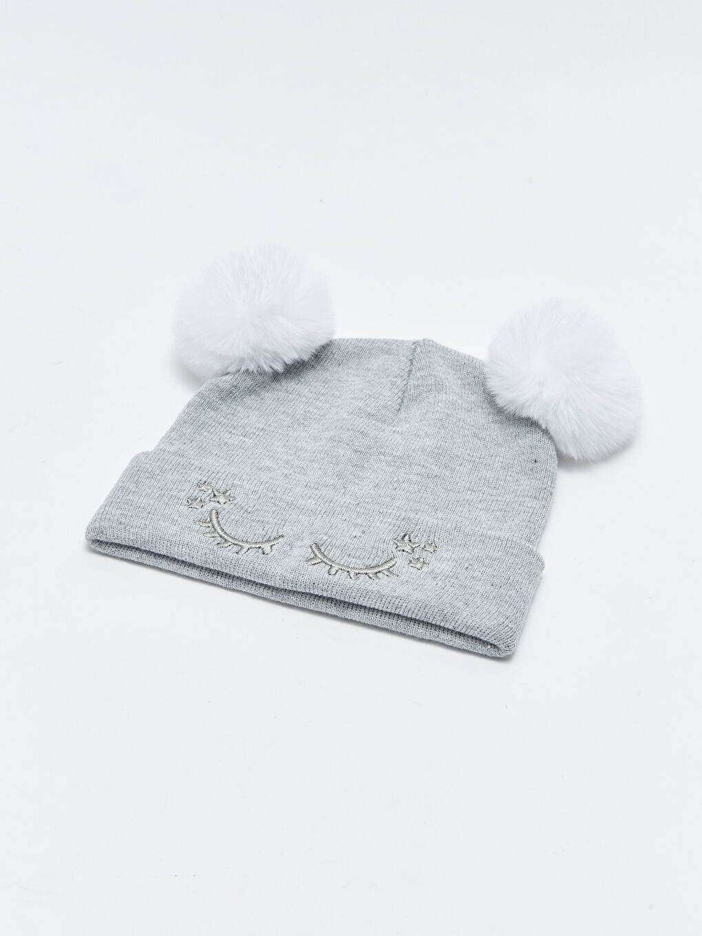 Gri Çift Ponponlu Nakışlı Kız Çocuk Triko Bere-1