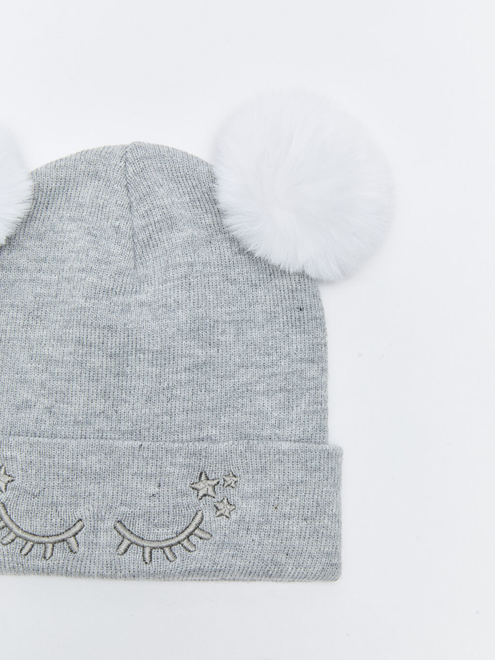 Gri Çift Ponponlu Nakışlı Kız Çocuk Triko Bere-2